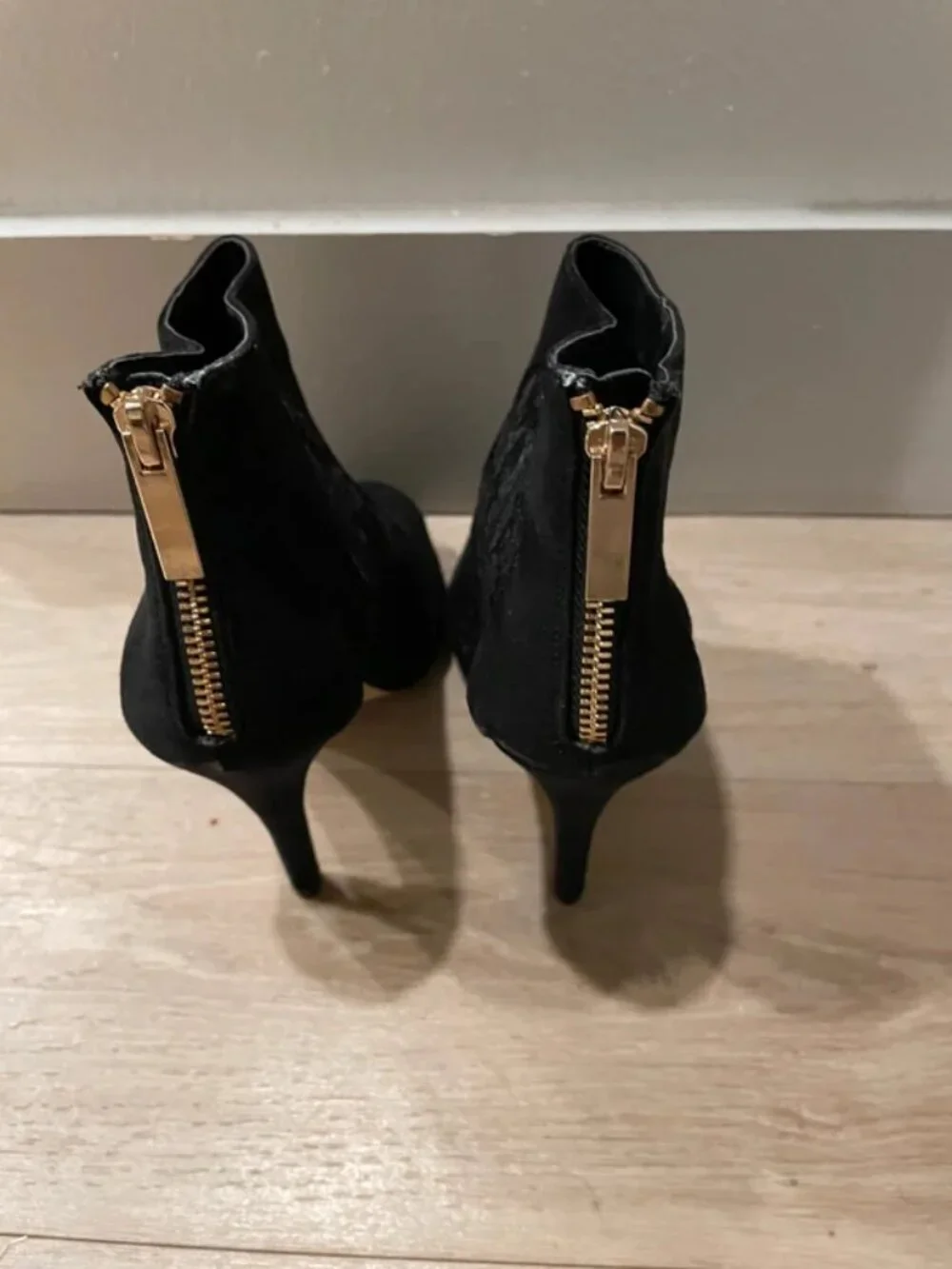 Suede and lace peep-toe bootie heels